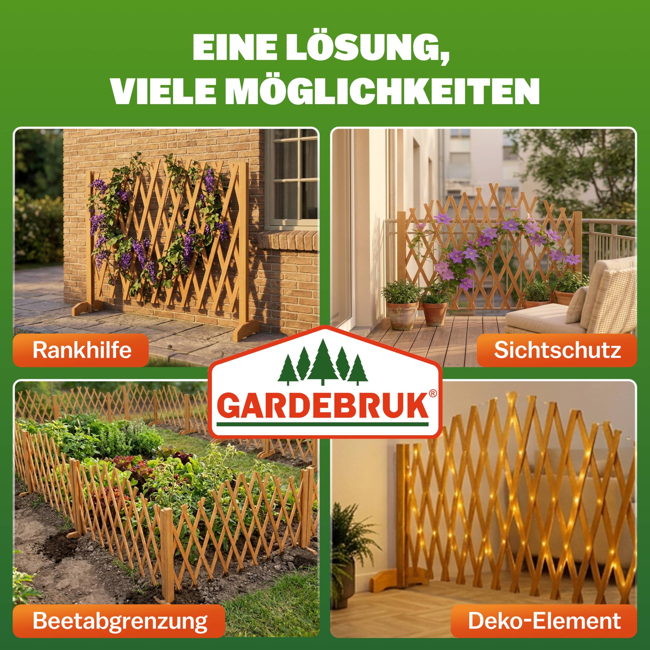 Gardebruk 2x Griglia Flessibile Estendibile in Legno da Giardino 200 cm Pieghevole Grigliato per Rampicanti Recinzione Balcone Separatore