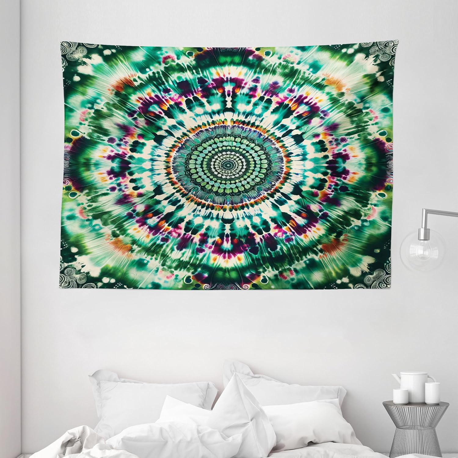 Ambesonne Green Tapestry, Tie-Dye Style Art Print with Mandala Inspired Circles Hippie Concept, Wide Wall Hanging for Bedroom Living Room Dorm, 80" X 60", Plum Ginger and Jade Green