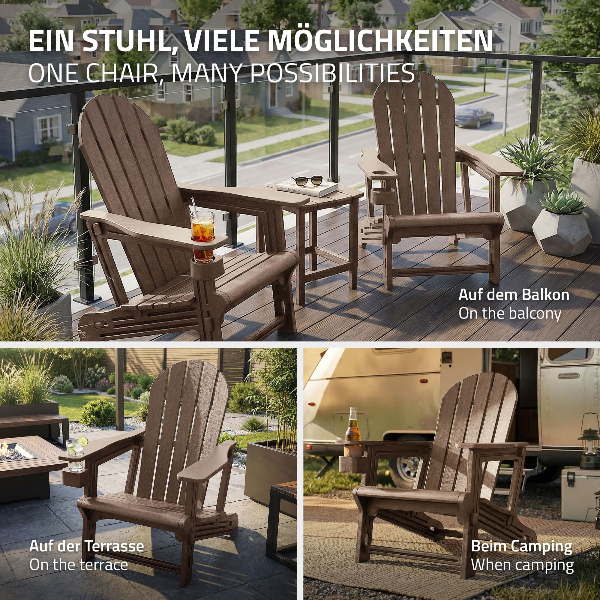 ML-Design Chaise Adirondack Marron avec Porte-Gobelet Intégré, Siège de Jardin en Plastique HDPE Aspect Bois, Résistant aux Intempéries, Montage Facile, Fauteuil Extérieur pour Terrasse Patio Balcon