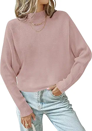 ZESICA Women's 2023 Fall Turtleneck Batwing Long Sleeve Ribbed Knit Casual Soft Pullover Sweater Jumper Top