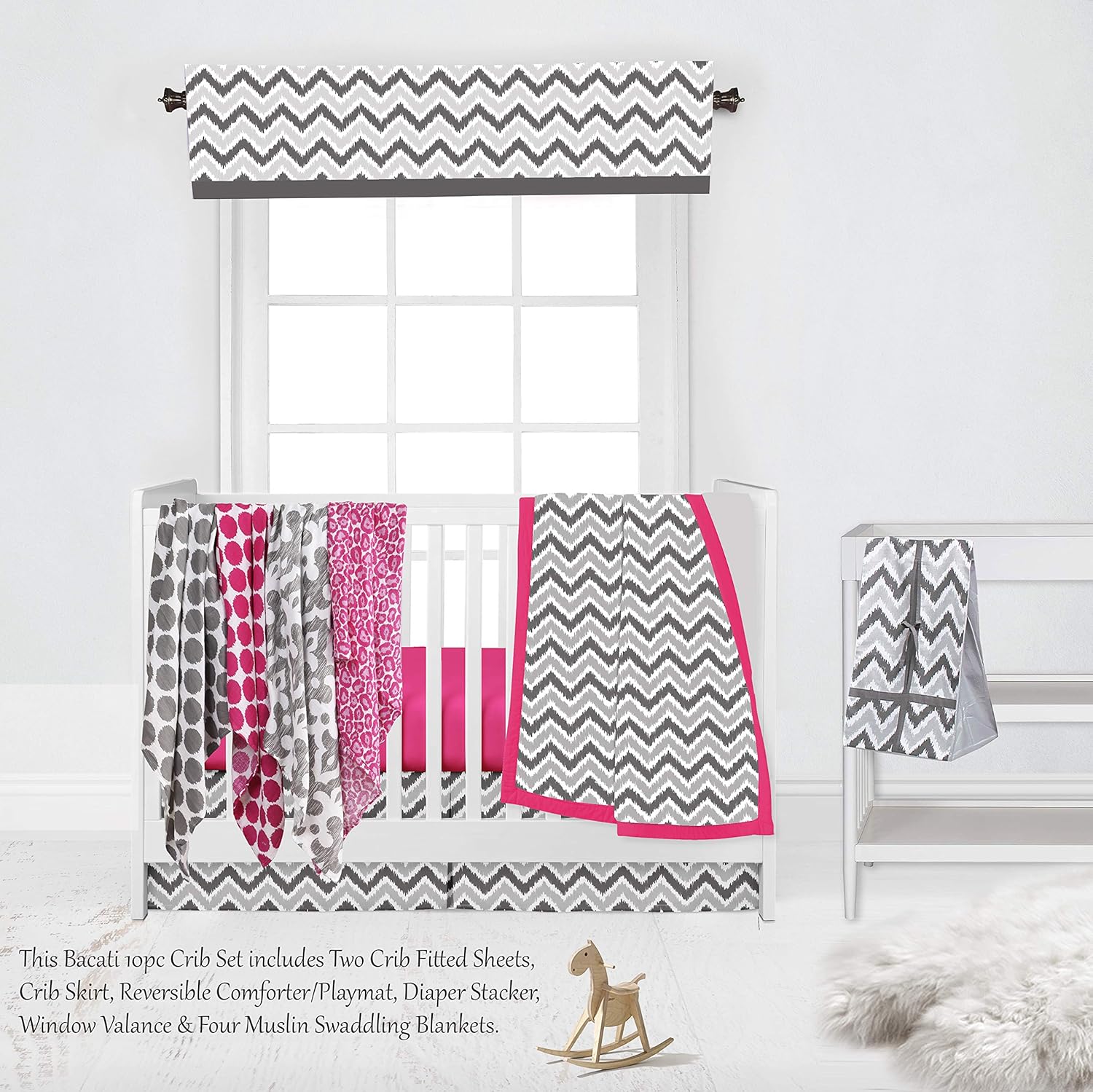 Bacati - Pink/Grey Ikat Chevron Muslin 10 Pc Girls Crib Set With 4 Muslin Swaddling Blankets for US Standard Crib