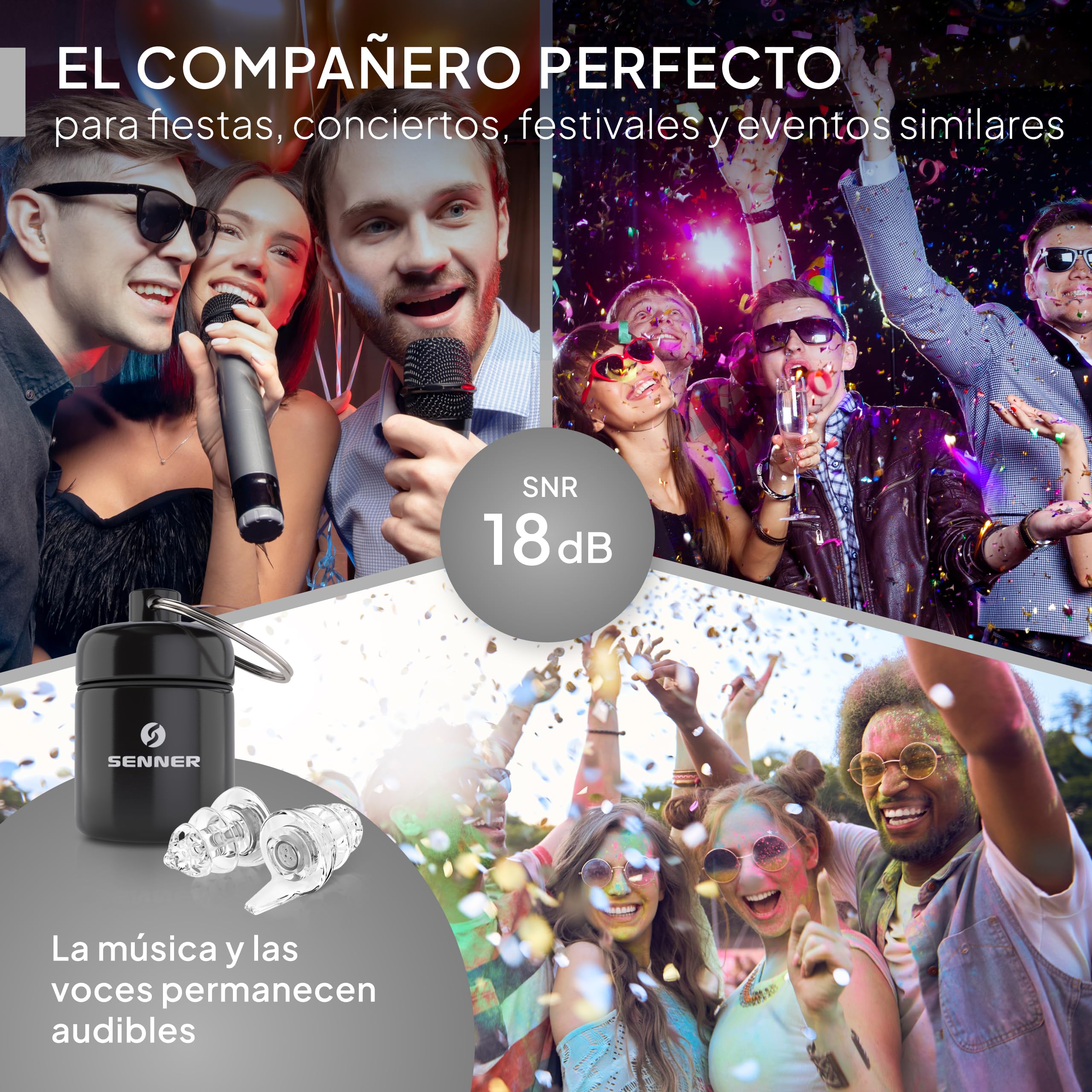 Senner ® PartyPro | Protección auditiva para música y músicos - Tapones para conciertos, festivales, fiestas y discotecas - Tapones transparentes con 18 dB de reducción de ruido - estuche de aluminio