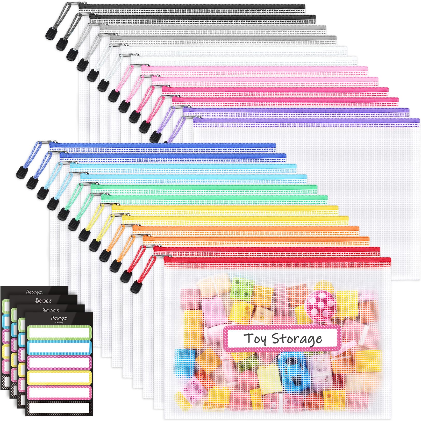 Sooez 24 Pack Mesh Zipper Pouch with Sticky Labels, A4 Mesh Bags, Toy Storage Board Game Puzzles Organization, Sturdy Letter Size File Folders Organizer for Teacher School Classroom Office Supplies