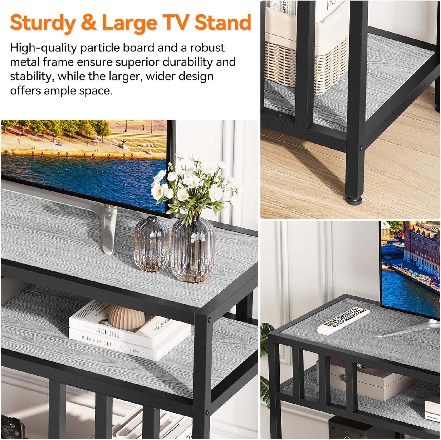 58'' TV Stand for Television up to 65 Inches, Entertainment Center with 3-Tier Open Storage Shelves, TV Media Console Table with Quadruple-Tube Support for Living Room, Grey
