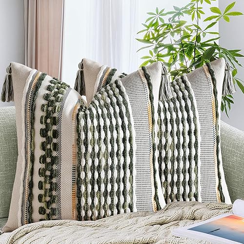 AmHoo Juego de 2 fundas de almohada de felpilla con textura a rayas, estilo bohemio, estético con borlas, tejidas, fundas decorativas para sofá,