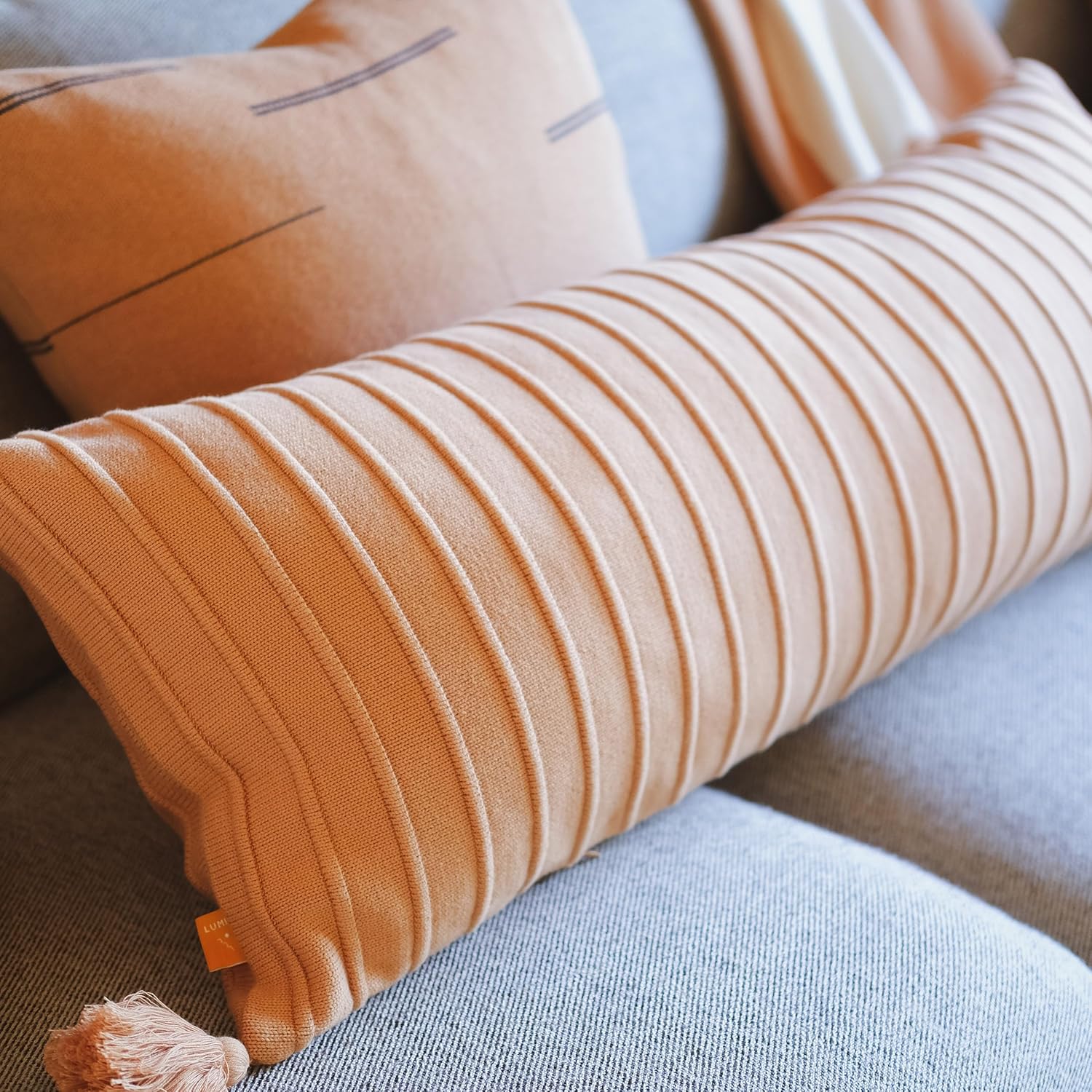 Baked Clay Ribbed Lumbar Pillow Cover – 14x36 Cotton Knit with Tassels, Cozy Accent for Bed, Couch, or Entry Bench Baked Terracotta