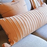 Vista 3 de Funda de almohada lumbar 100% de algodón suave con rayas elevadas con textura de punto acanalado con borlas, 14 x 36 pulgadas (arcilla horneada)