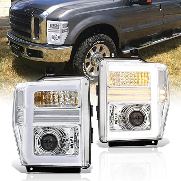 AJP Distributors LED DRL Projector Headlights Assembly + Sequential Turn Signal Bumper Lamps Pair Left Right Compatible/Replacement for F250 F350 F450 F550 Super Duty 2008 2009 2010 08 09 10