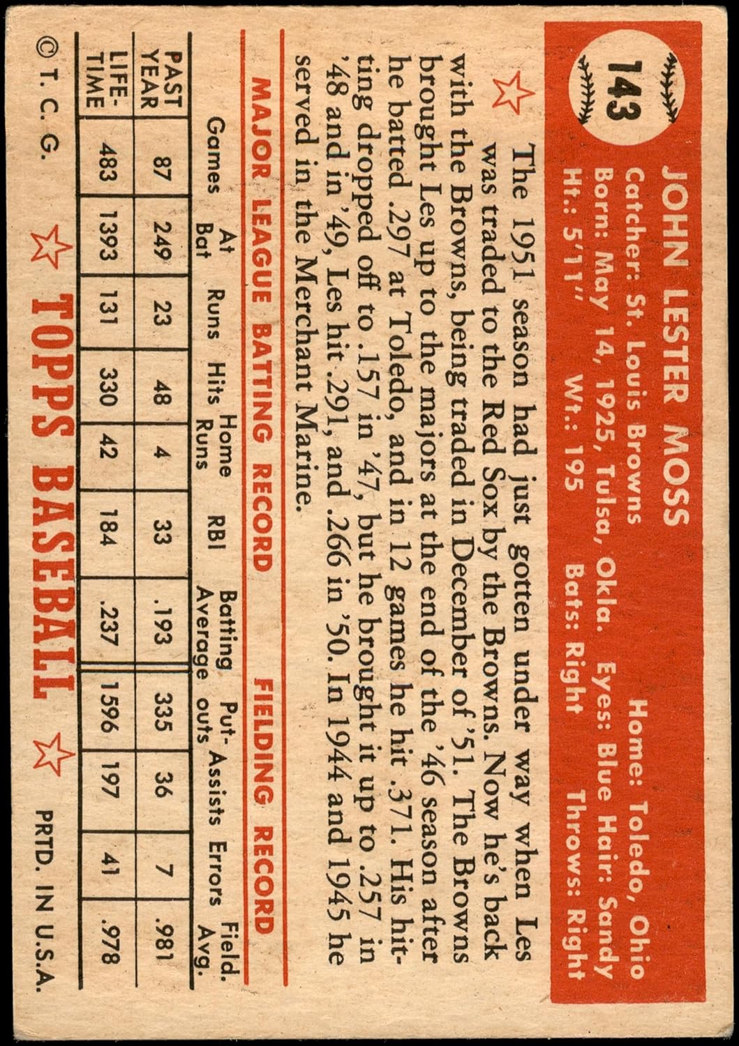 1952 Topps #143 CRM Les Moss St. Louis Browns (Baseball Card) (Cream Back) VG/EX Browns