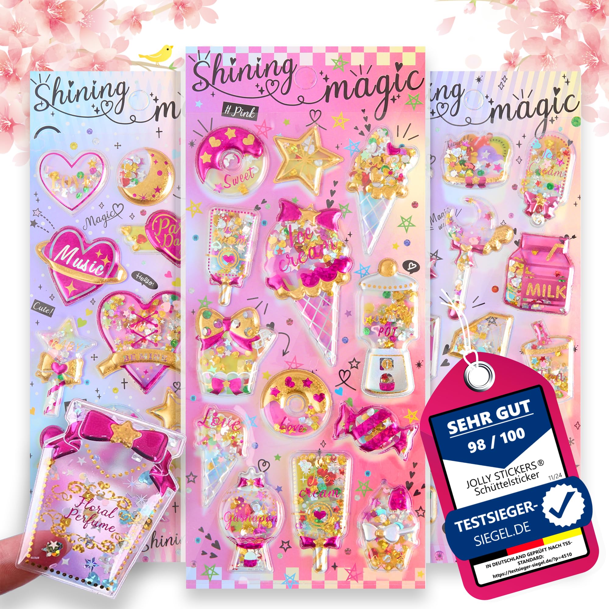 Jolly Stickers Filled Shake Stickers Glitter Flakes Set of 3 for Gifts Birthday Stickers Shake Unicorn Collecting Scrapbook Sticker Book Sticker Book Sticker Album First Day of School