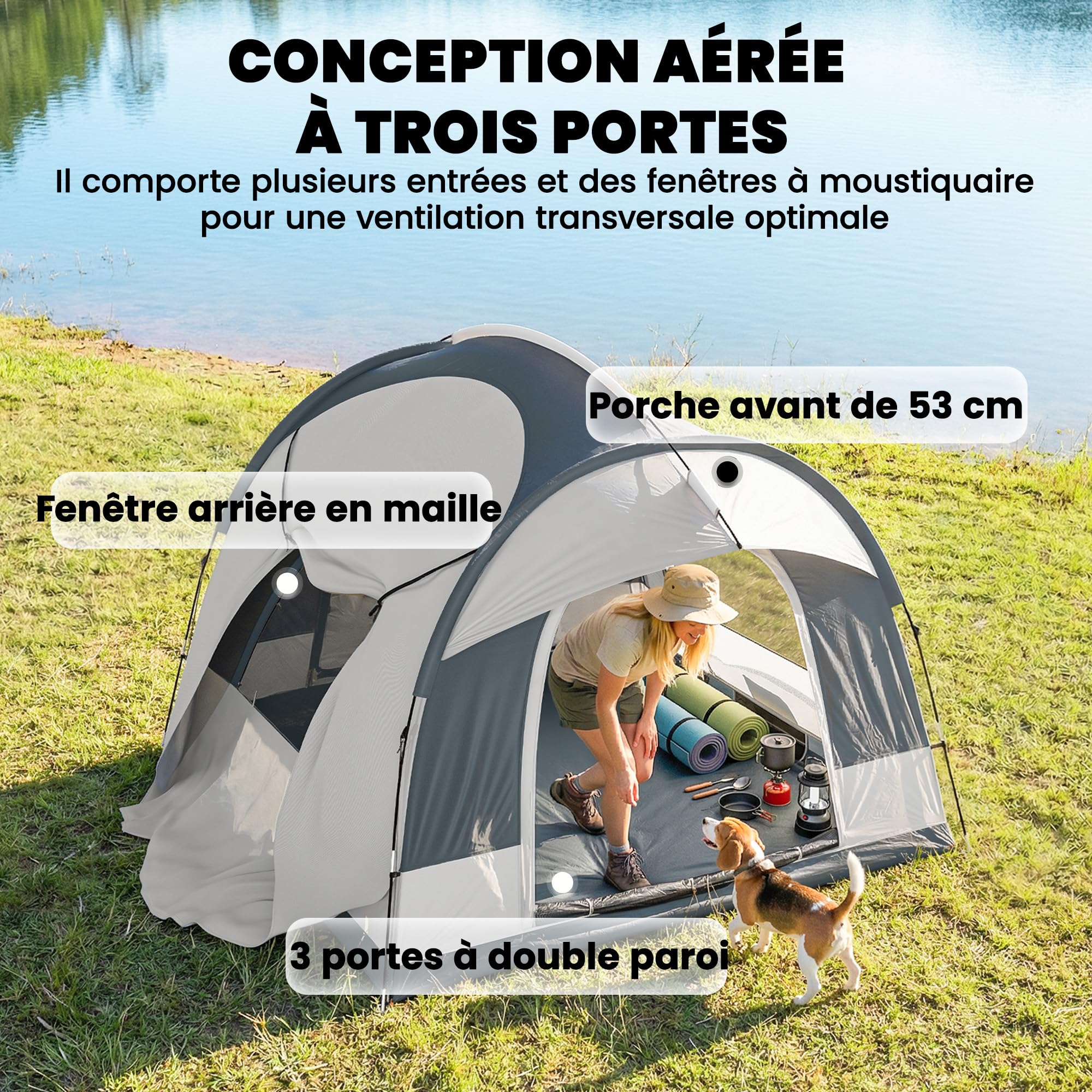 Outsunny Tente de Camping Facile à Monter 2-4 Personnes avec 3 Portes, Imperméable, Compatible avec SUV, avec Double-Toit Amovible, Tapis de Sol et Sac de Transport, Bleu Foncé