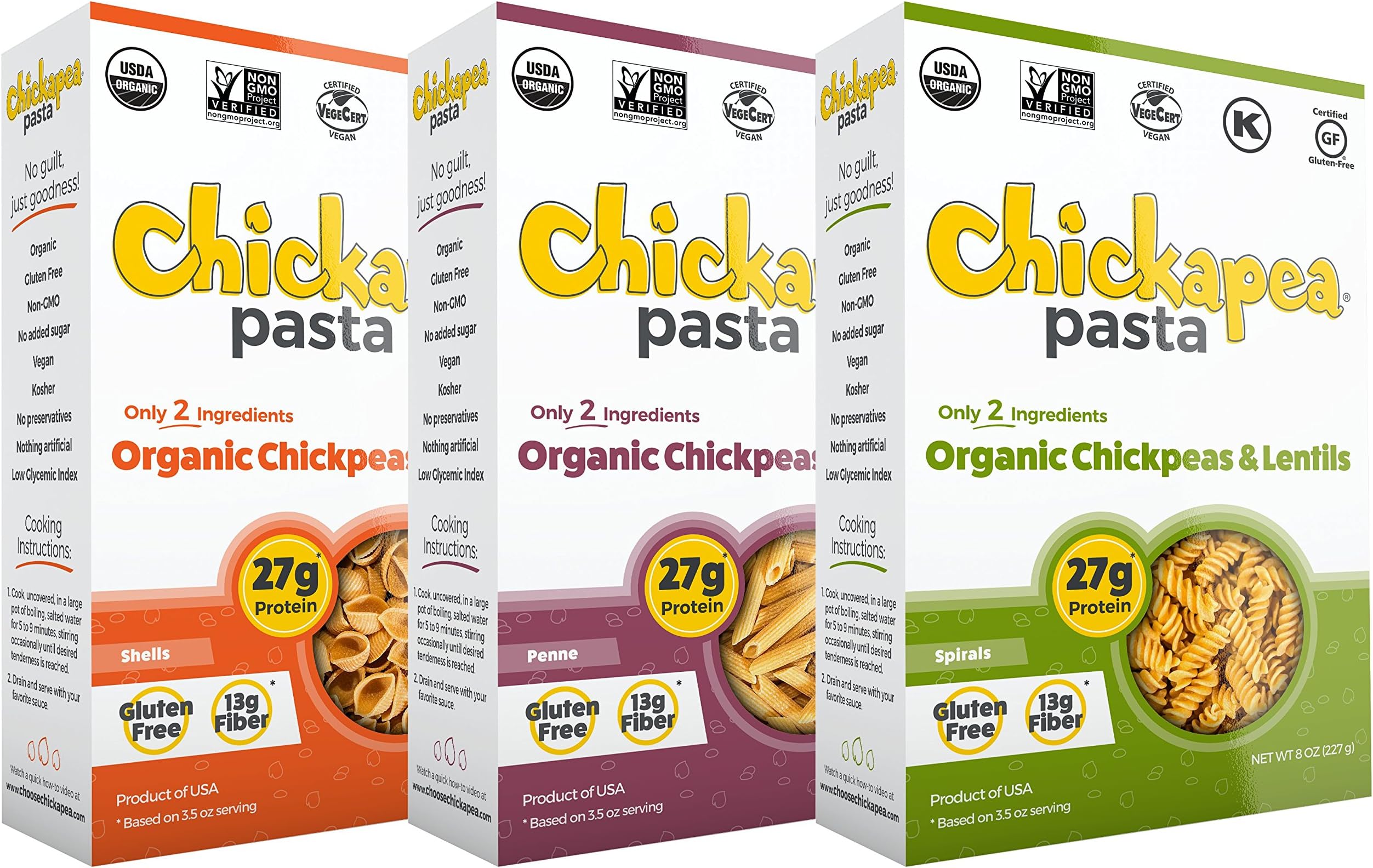 Chickapea Pasta Non-GMO Gluten Free Chickpea Lentil 3 Shape Variety Bundle, (1) each: Penne, Spirals, Shells (8 Ounces)