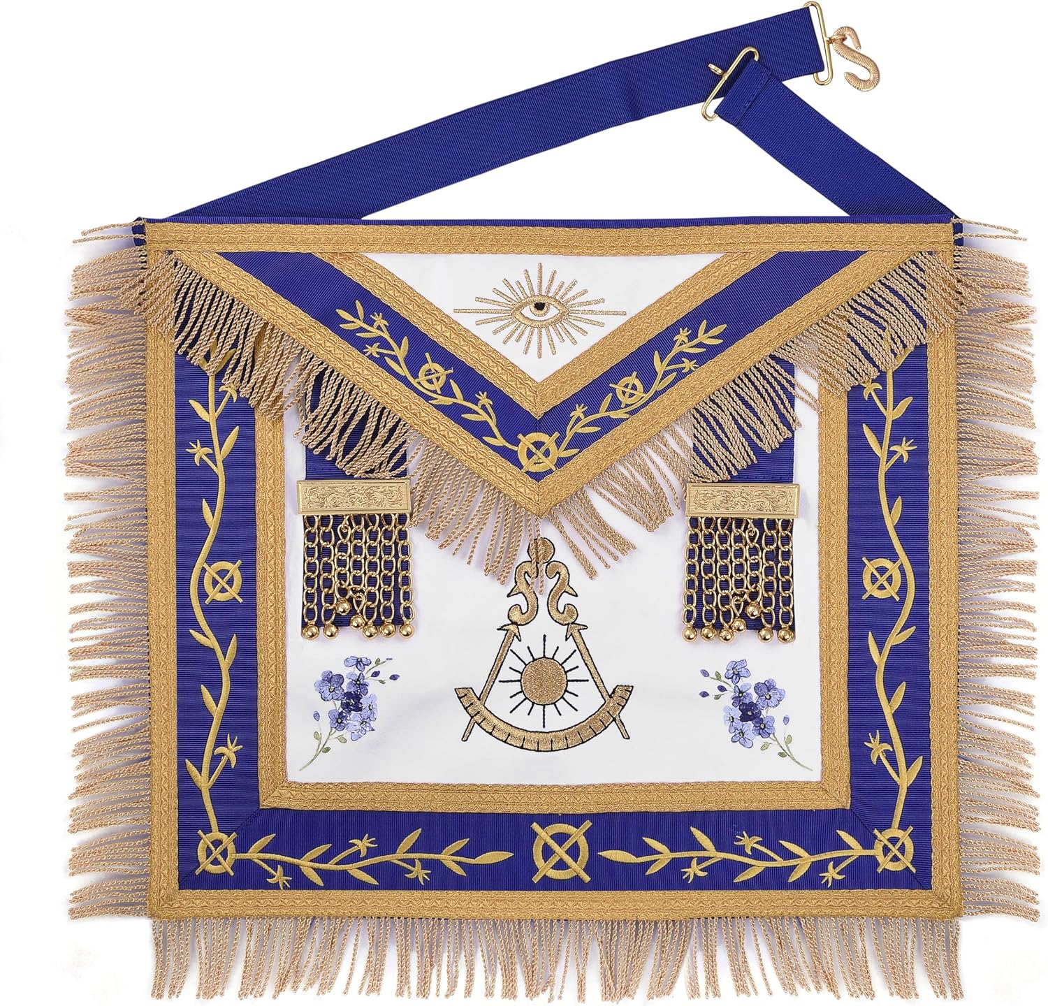 Bricks Masons Past Master Blue Lodge California Regulation Apron - Gold Bullion With Golden Braid Fringe