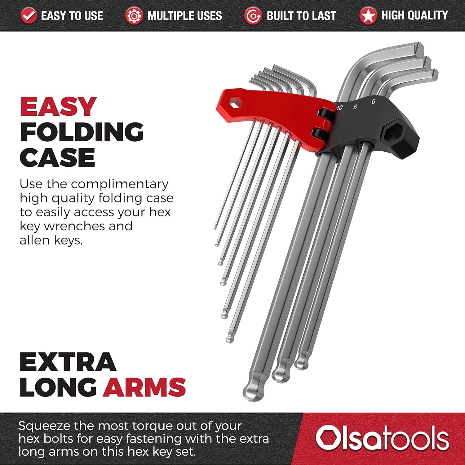 Olsa Tools Hex Key Set (Metric) | 9pc Allen Wrench Set | Metric Steel Ball End 9 Piece Kit | Hinged Storage Case | Professional Grade