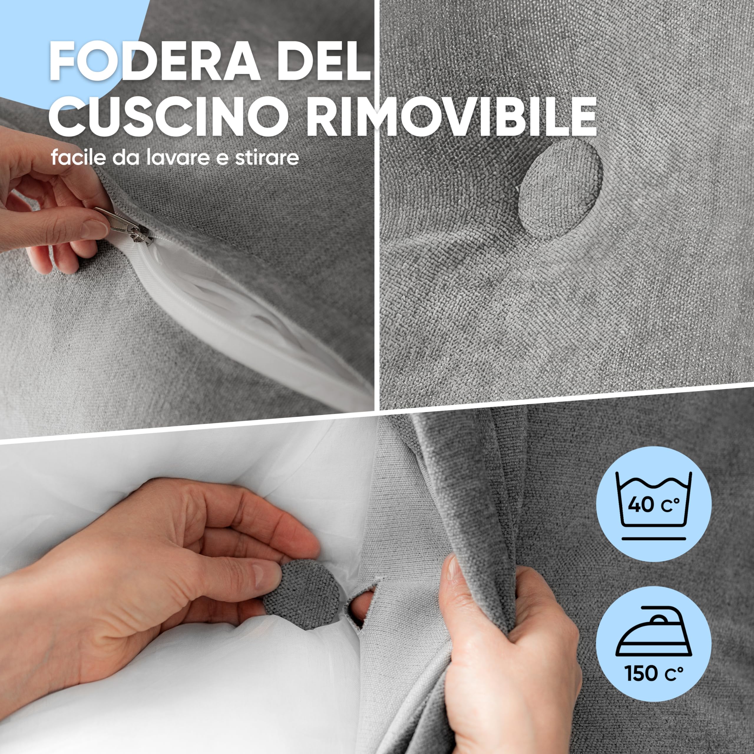 Björn&Schiller cuscino schienale - cuscino da lettura per letto e divano, cuscino grande per la testata del letto, con fodera lavabile (Grigio, 160 cm)