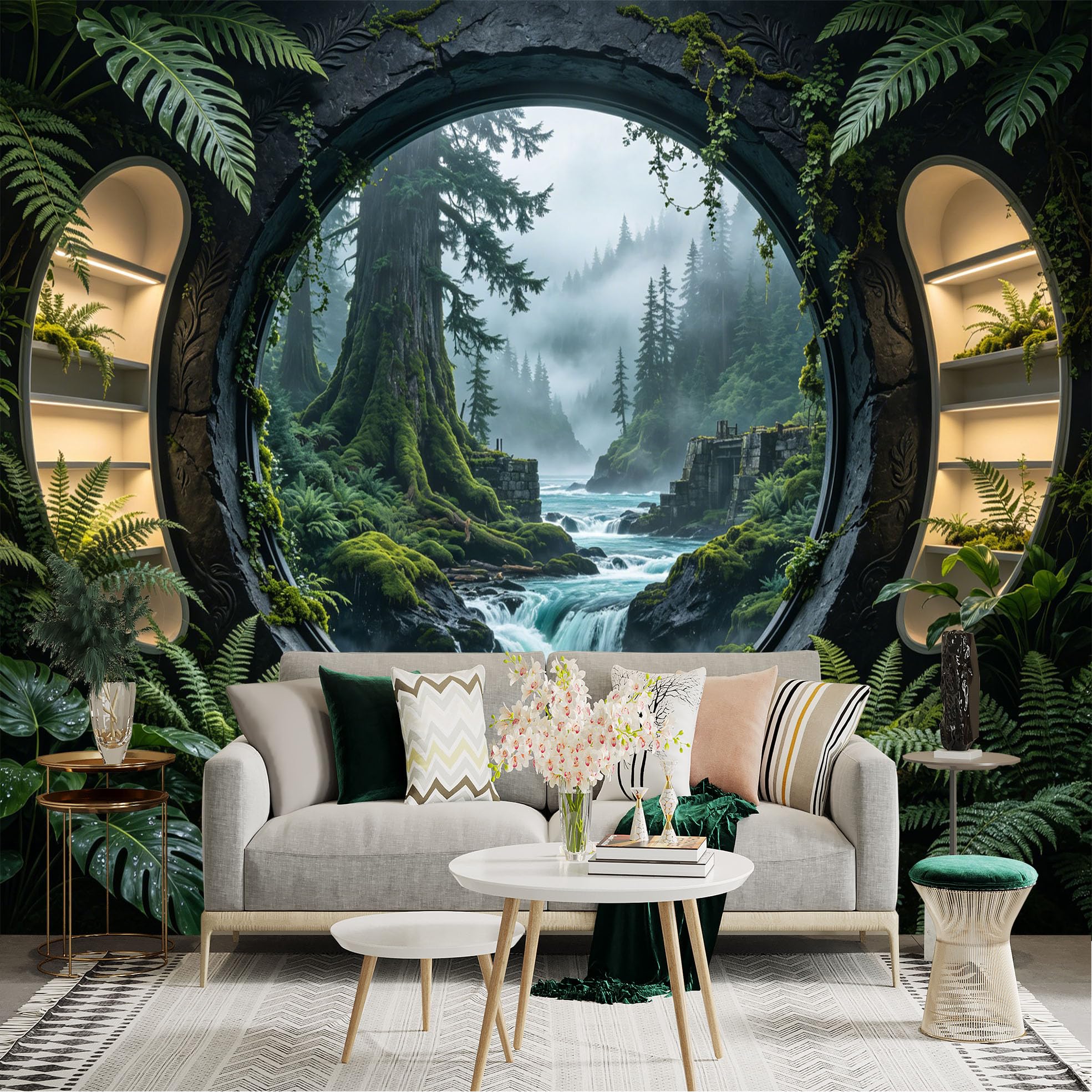 Lnzczhyre Dbh260521332 Custom Size Wall Sticker Mural， Enchanted Forest Portal， Misty Mountain River， Lush Tropical Foliage， Nature Scenery View， For Wall Decoration， Peelandstick Wall Decals.