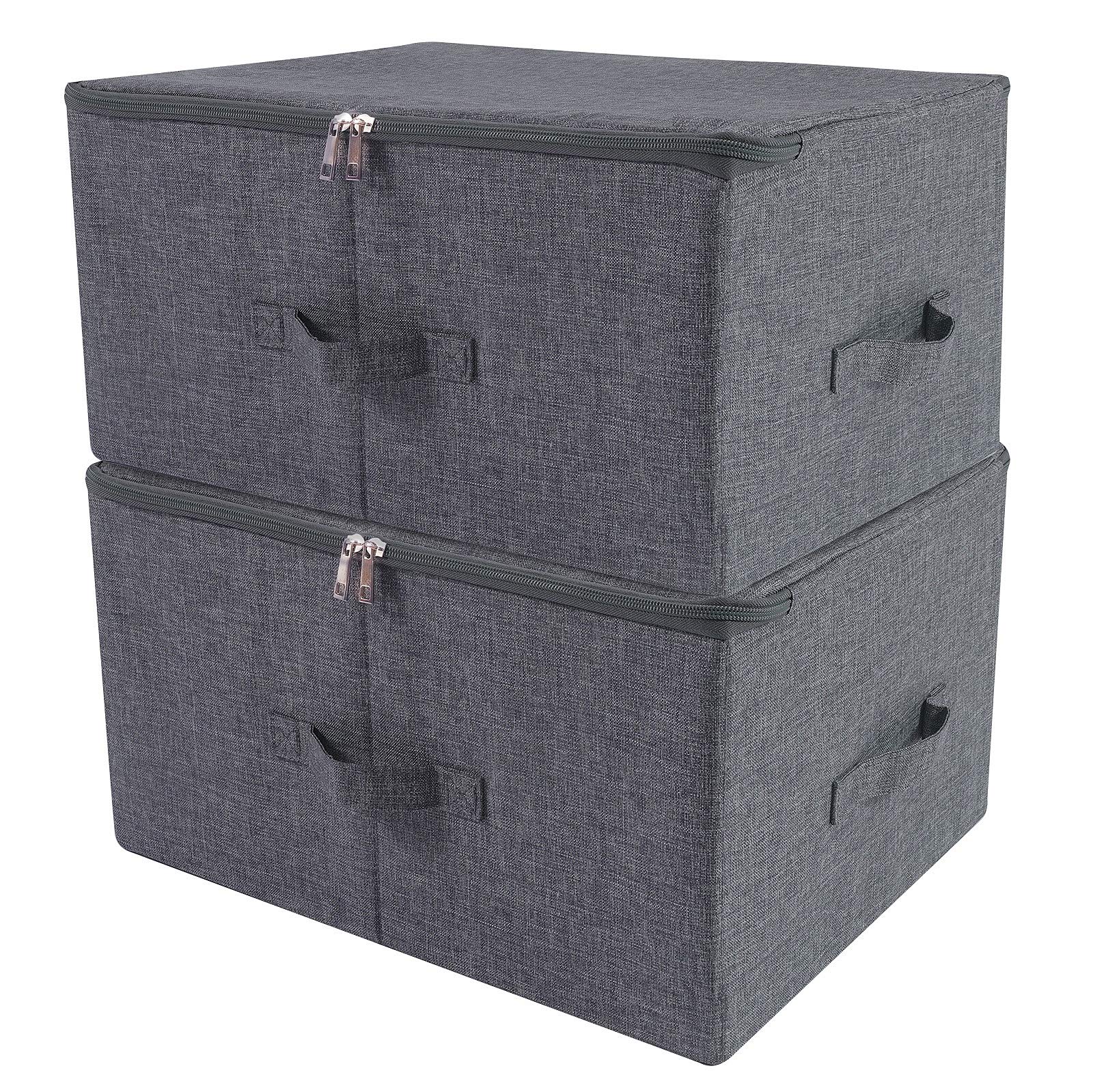 Pack of 2, 45 * 35 * 25cm Folding Rigid Zip Lidded Storage Boxes for Clothes in Wardrobe, Clothing Sweaters Bedding Blankets Pillows Storage Organizer Bins with Zip Lid for Closet, Black Gray