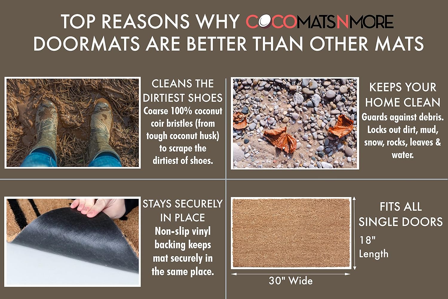 COCO MATS 'N MORE Brown Rolling Scrolls Bordered Personalized Coco Doormat 18" x 30" with Vinyl Backing | Personalized Coir Front Door Mat | Tough Coir Husk Cleans Dirtiest Shoes