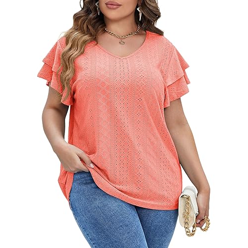 IN'VOLAND Womens Plus Size T Shirt V Neck Loose Fit Ruffle Sleeve Summer Hollow Casual Tops Blouse