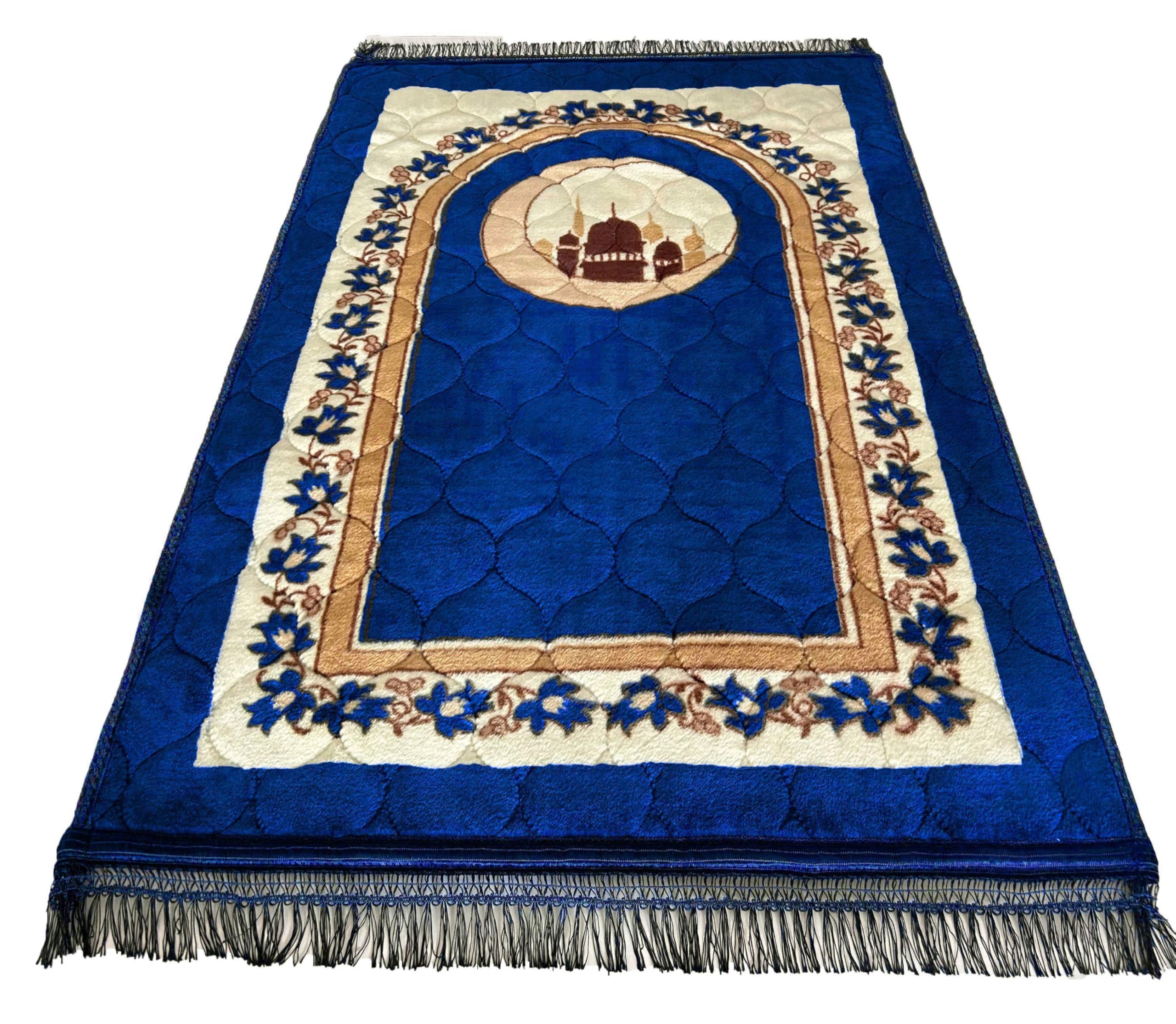 Prayer Rug, Muslim Mat, Islamic, Thick Sajadah for Men and Women with Prayer Beads, for Eid Travel Ramadan, Soft and Luxurious (R_Blue) - Image 4