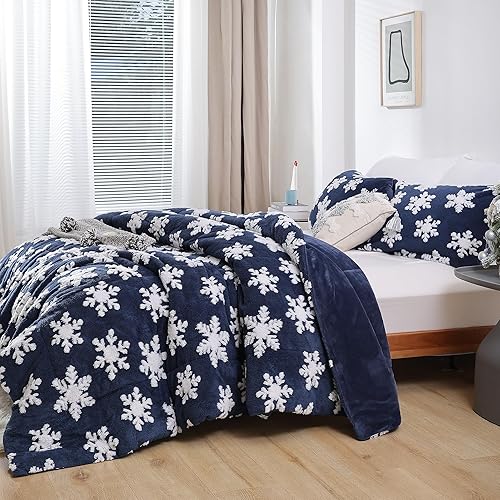 Miniatura 3 de JANZAA Juego de edredón de Navidad tamaño Queen, color azul marino, tamaño Queen con copos de nieve blancos, estereoscópico, juego de ropa de cama