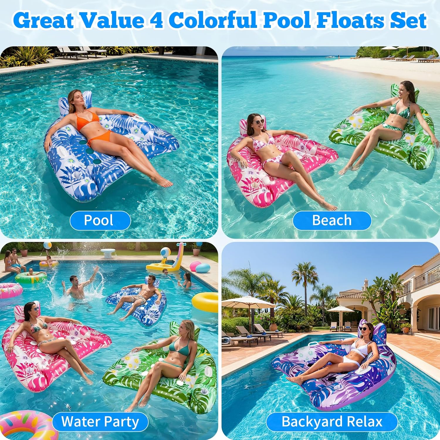 Ornnut XL/L Pool Floats, 3Pack/4Pack Inflatable Pool Float Chairs for Adults & Kids, Heavy Duty Pool Floats with Cupholders & 2 Handles, Summer Pool Lounger Pool Toys for Lakes Beach Water Party