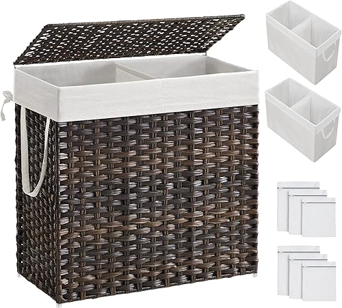 SONGMICS Cesta de lavandería con tapa, cesta de ropa de 130 litros con 2 bolsas extraíbles y 6 bolsas de malla, canasta de mimbre para lavandería,