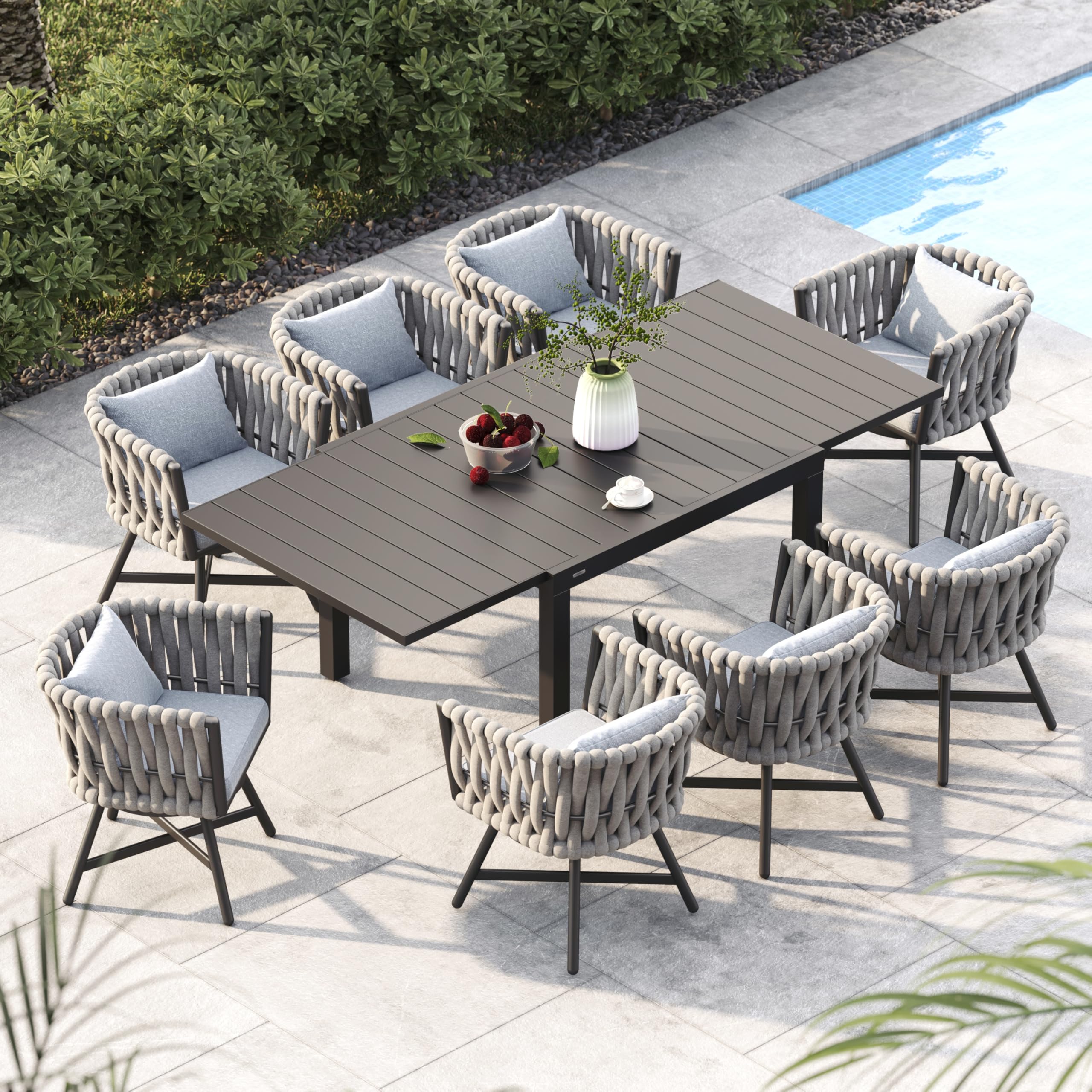 Grand patio 9-Piece Outdoor Dining Set for 8, Patio Dining Furniture Set for 8 Swivel Rope Wicker Chairs & 1 Expandable Rectangular Dining Table,