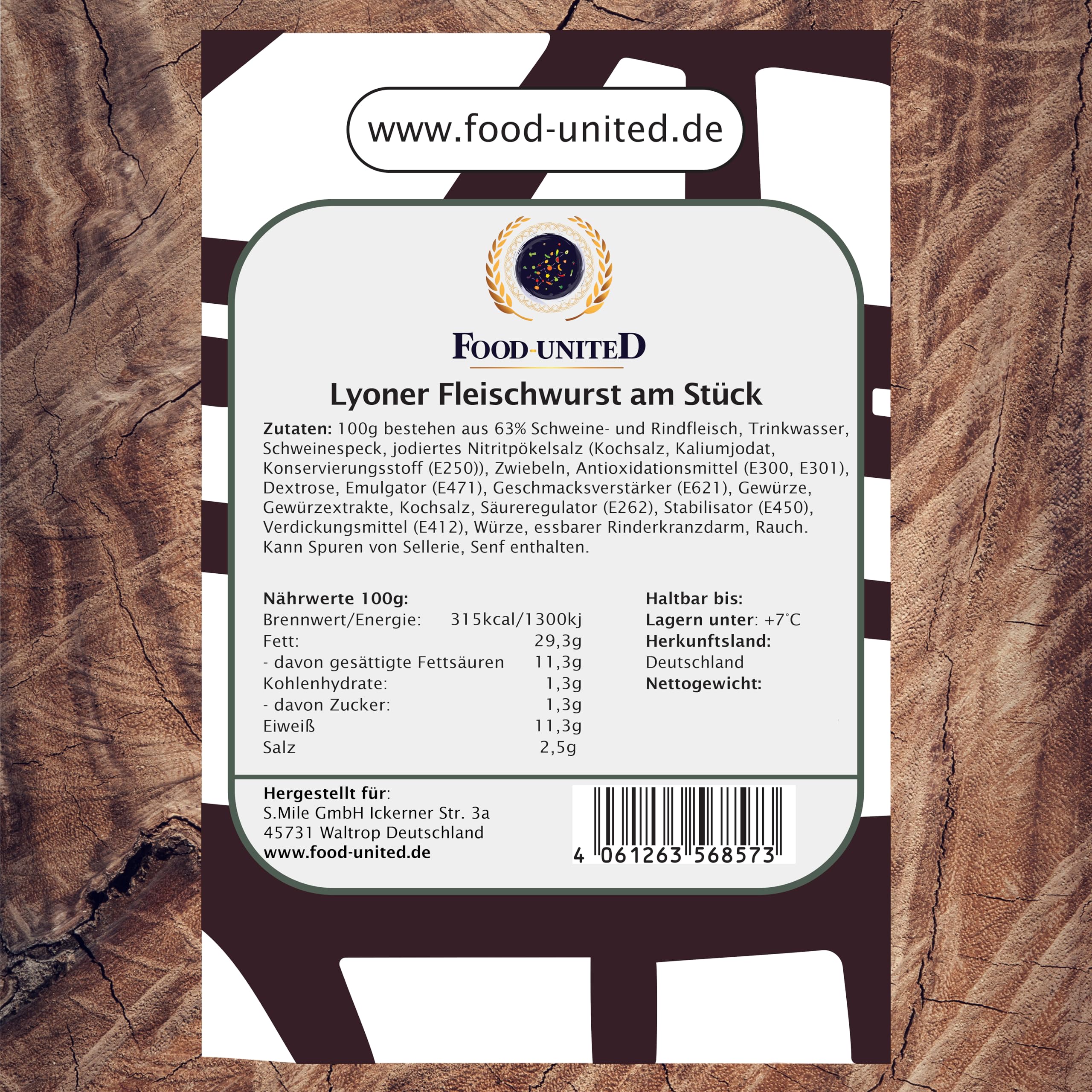 Food-United Lyoner Fleischwurst am Stück 3000g 6 Stück im Ring geräuchert essbare Haut saftig mild würzig ausgesuchte Grundmaterialien von Rind und Schwein Spitzenqualität aus Bayern