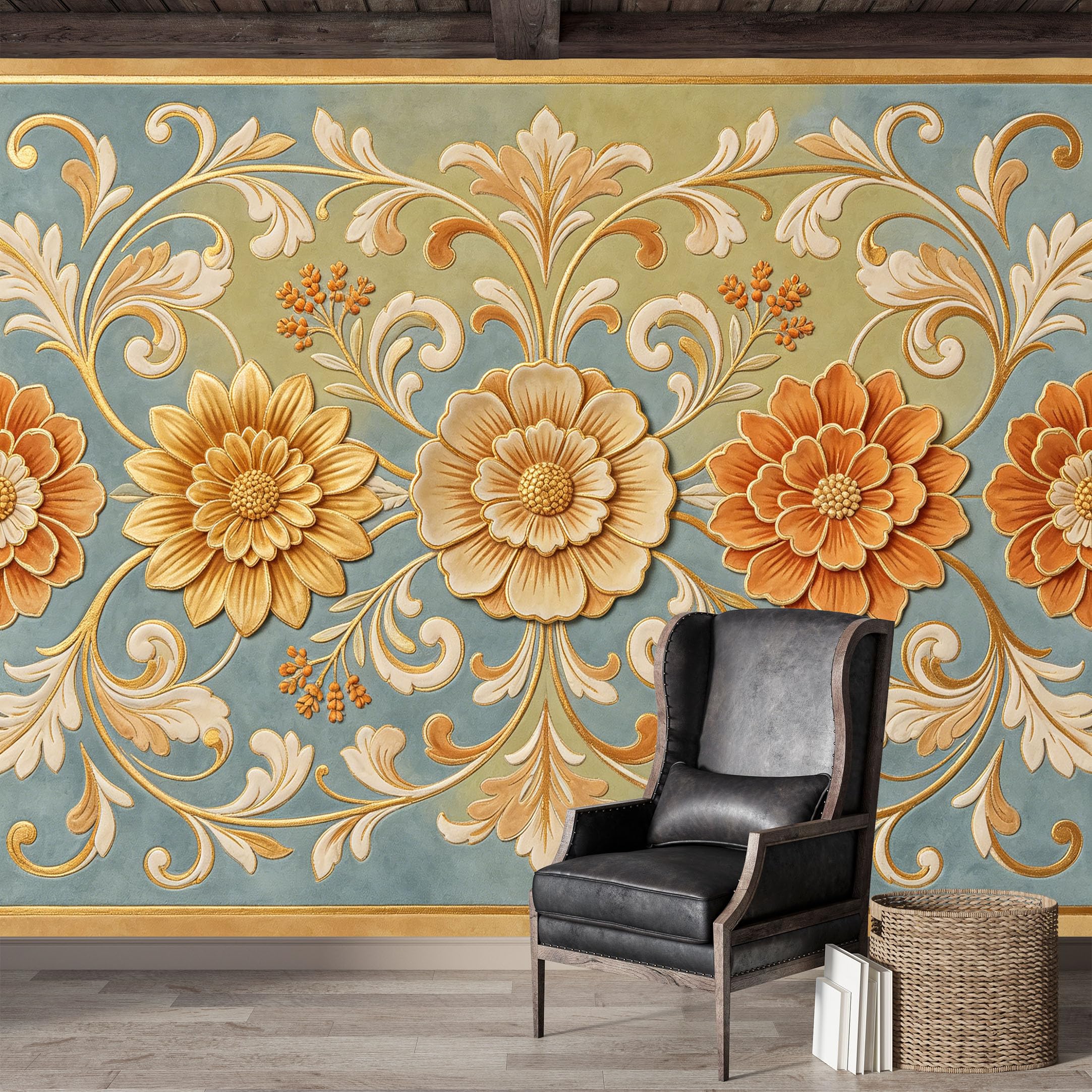 Custom Size Wall Mural,Baroque Floral Damask Gold European Classic Relief Effect Premium Water Activated SelfAdhesive Wallpaper,Removable Wall Covering for Indoor Home Decor