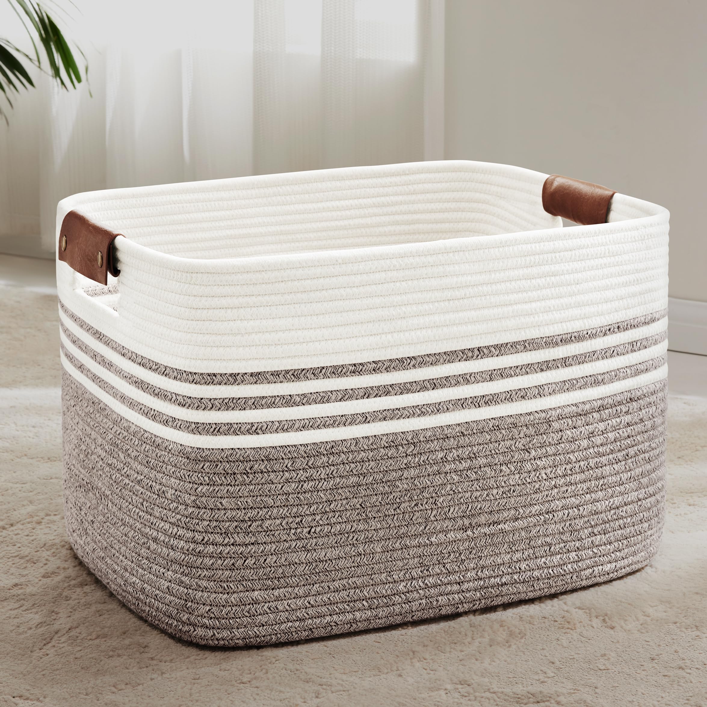 MYHOMMATTO 86L Extra Large Laundry Basket with Leather Handles for Living Room Storage, Woven Rope Baskets for Blanket, Kids Toy, Gifts, Wicker Hamper for Bedroom Dirty Clothes, 24"x16"x14" Dark Brown