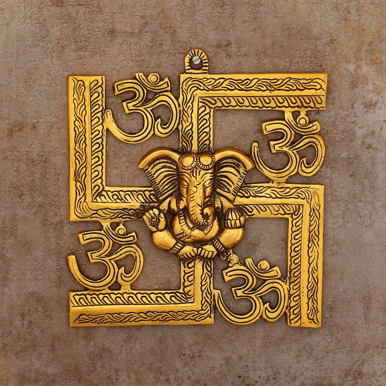 Lord Ganesha on Om Swastik Metal Golden Wall Hanging