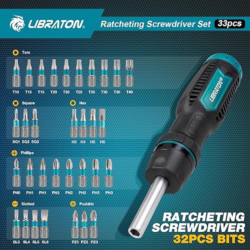 Miniatura 2 de LIBRATON Juego de destornilladores de trinquete, herramienta de destornillador multibroca, destornillador de trinquete magnético 33 en 1,