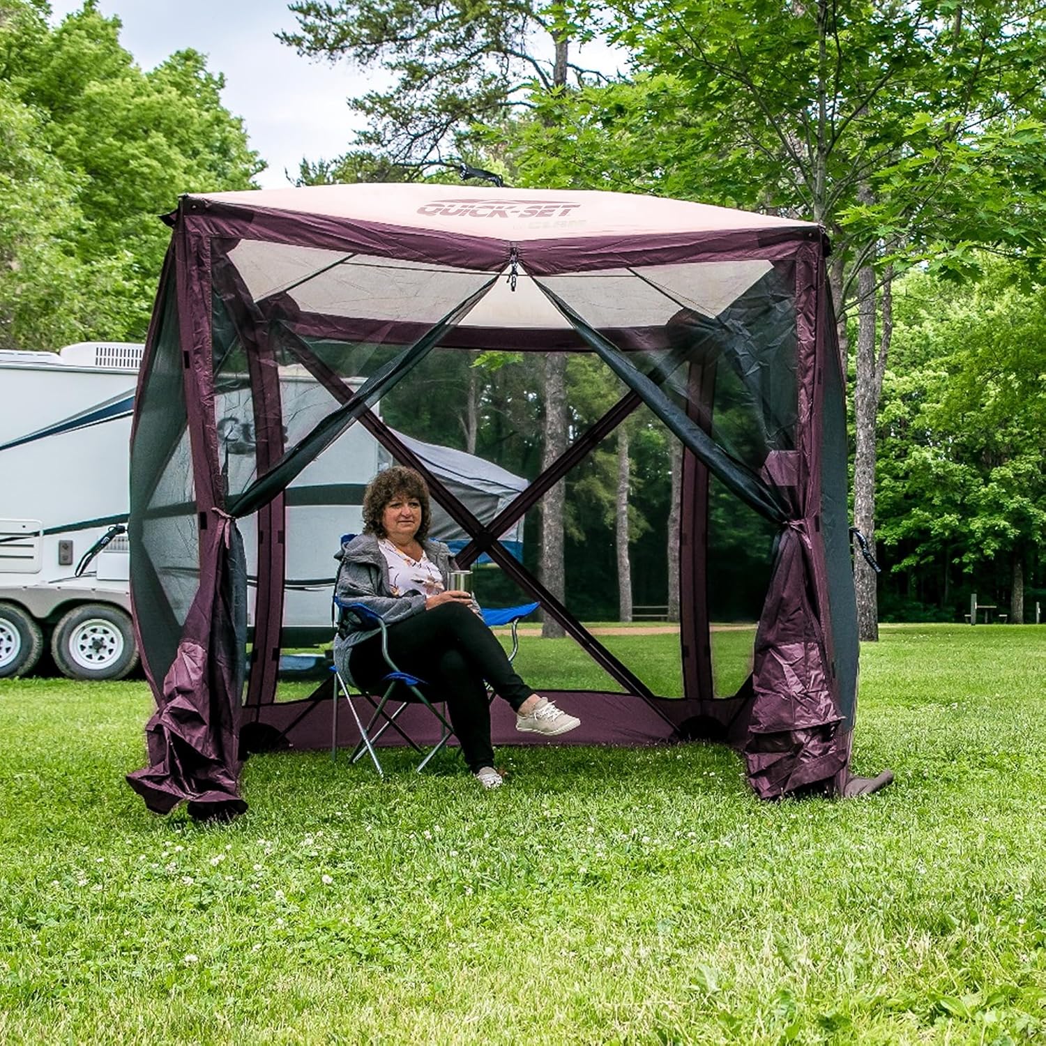 CLAM Pop-Up Screen Tent, 6' x 6' Outdoor Camping Gazebo, Portable 4-Sided Canopy with Ground Stakes & Carry Bag, Traveler, Plum