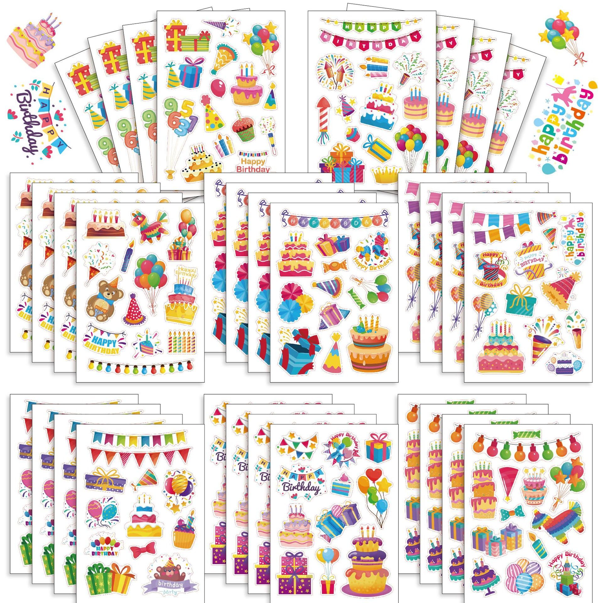 32 Sheet Happy Birthday Stickers for Kids, 8 Assorted Designs Birthday Stickers,Colorful Cute Self Adhesive Stickers for Boys and Girls, Birthday Party Gift Bag Decorative Candy Cookie Box Stickers