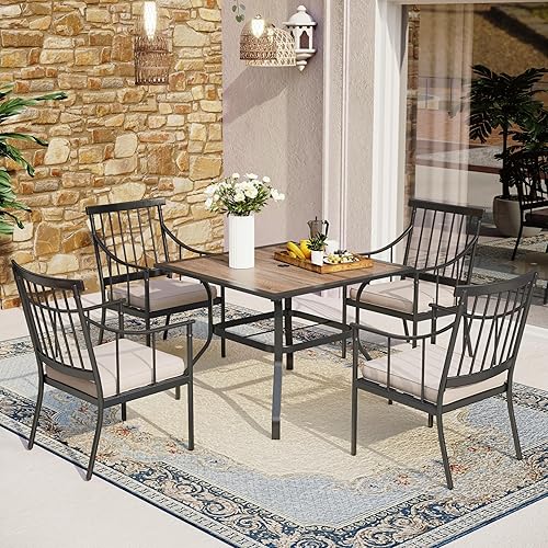 Miniatura 22 de MFSTUDIO Juego de 9 piezas de comedor para patio al aire libre, 8 sillas giratorias de metal con cojines extraíbles y 1 mesa de comedor cuadrada