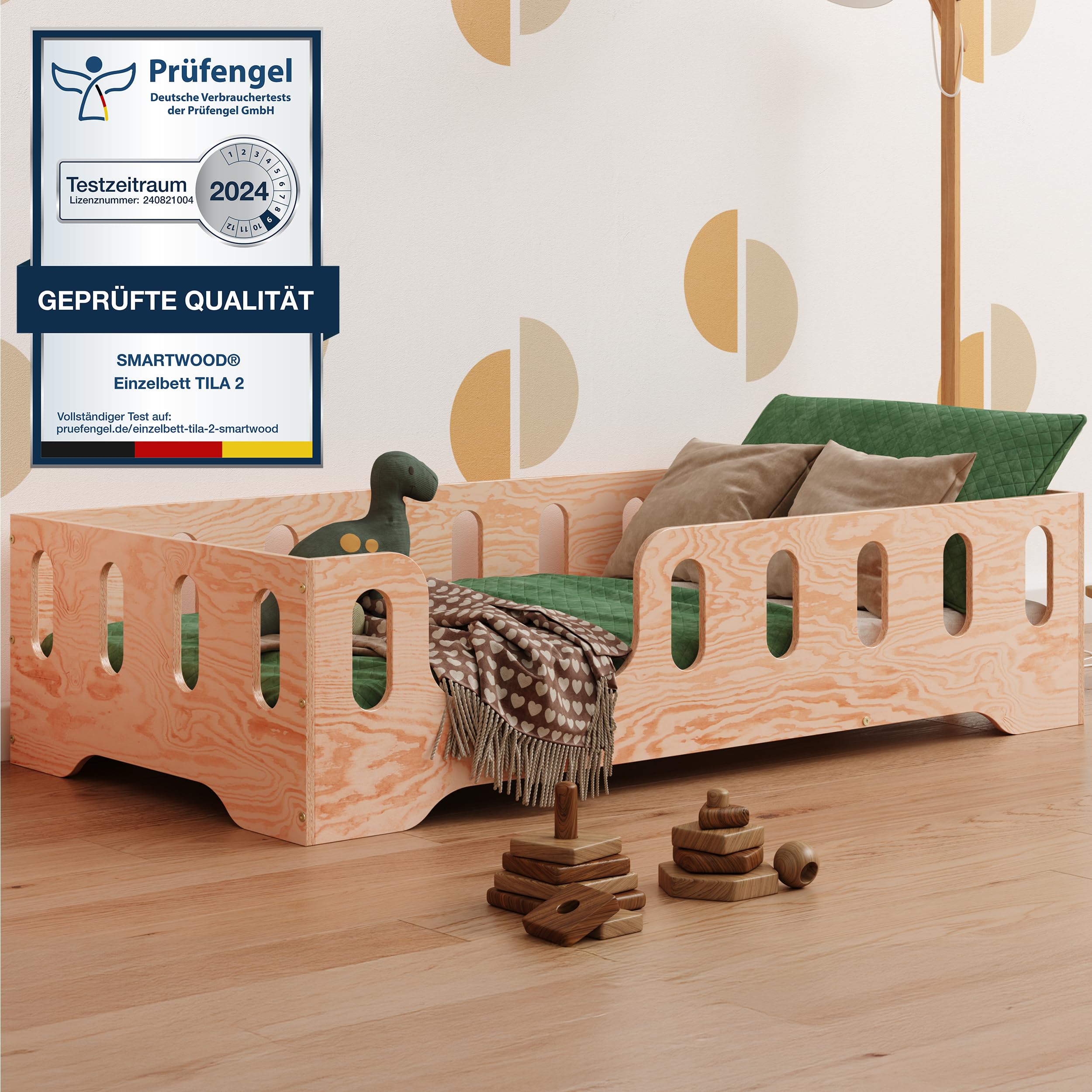 smartwood Bodenbett 80x160 Montessori Kinderbett aus Holz mit FSC-Zertifikat TILA 2L mit Rausfallschutz & Lattenrost bis 230kg belastbar - Einfache Montage