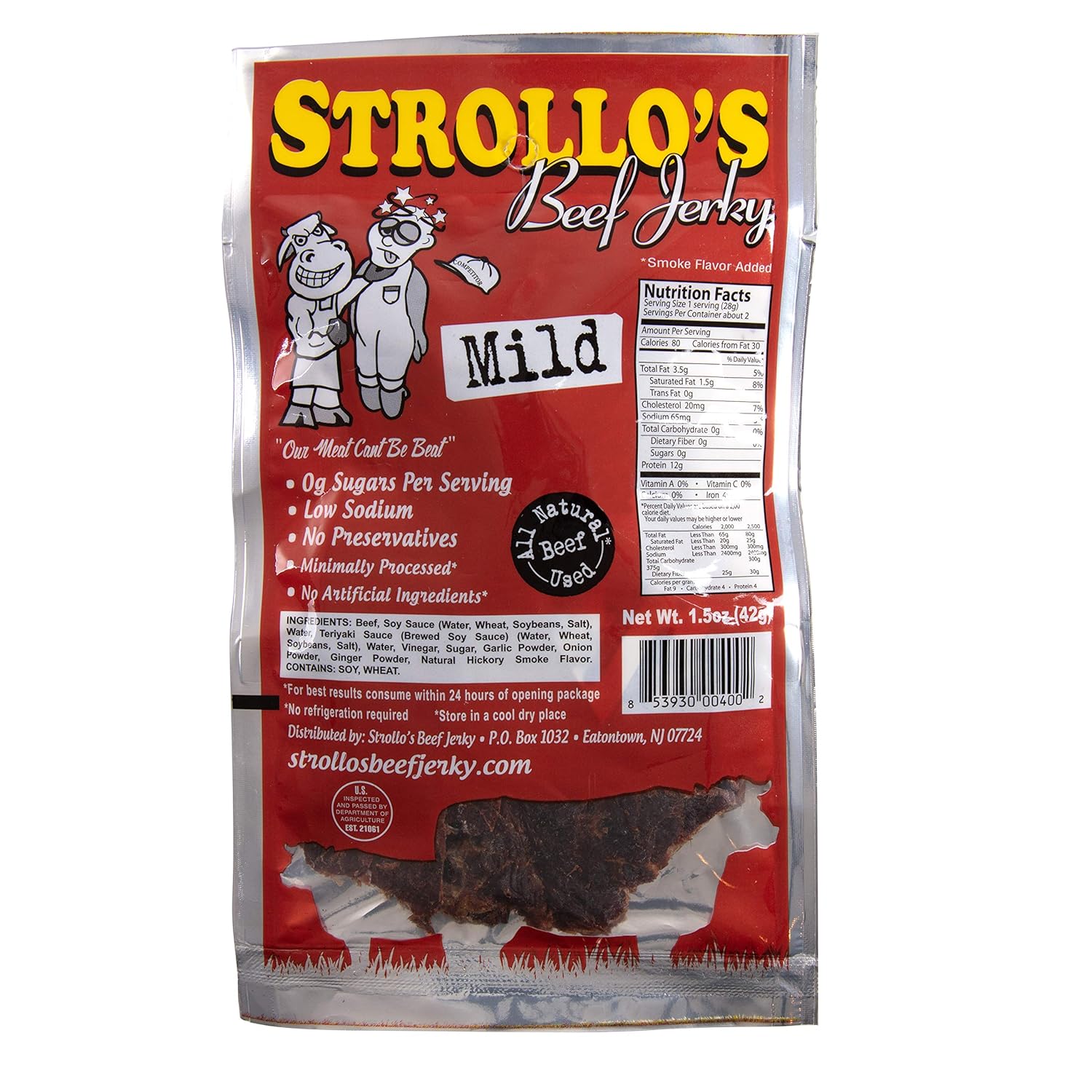 Strollo’s Beef Jerky Snack Packs - Mild 6 Pack - 1.5 oz Each - Low Carb, Zero Sugar, Low Fat - All Natural USA Beef - USDA Certified - High Protein Smoked Meat Snack - Tender & Flavorful