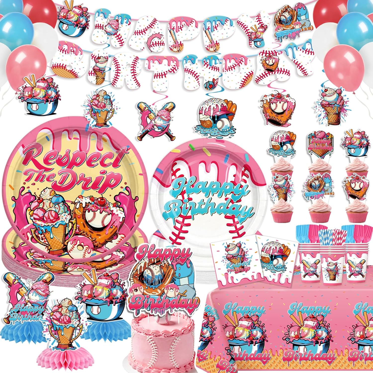 NeoRov 202 Pcs Ice Cream Drip Baseball Birthday Decorations Tableware Set - Service 24 Guests - Includes Banner, Cake Topper, Balloons, Plates And Napkins Paper Cup - For Coach Player Sports Lover