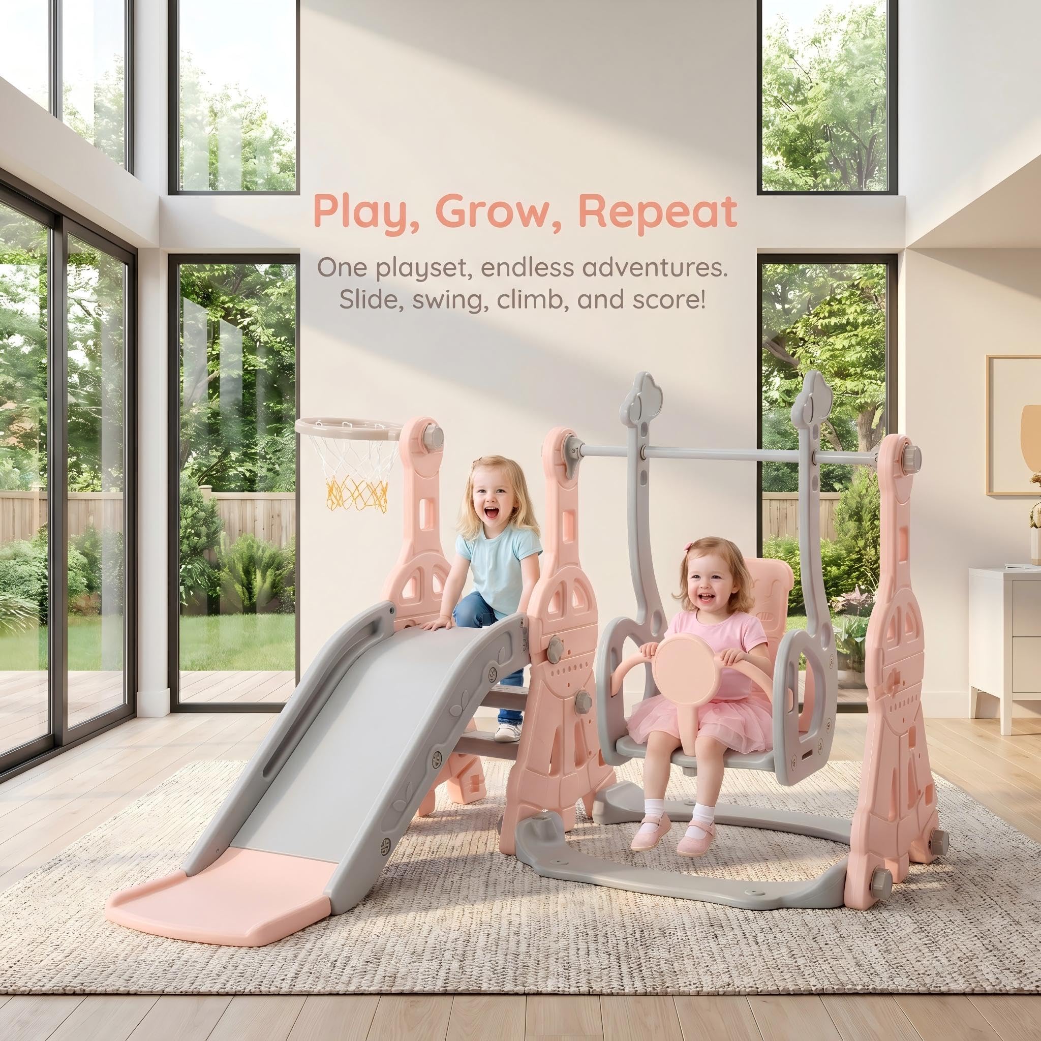 Tobogán al aire libre infantil, 4 en 1 columpio con tobogán con toboganes, escaleras, columpios y cestas de baloncesto, aplicable niños físicos completos casas jardines de infancia parques