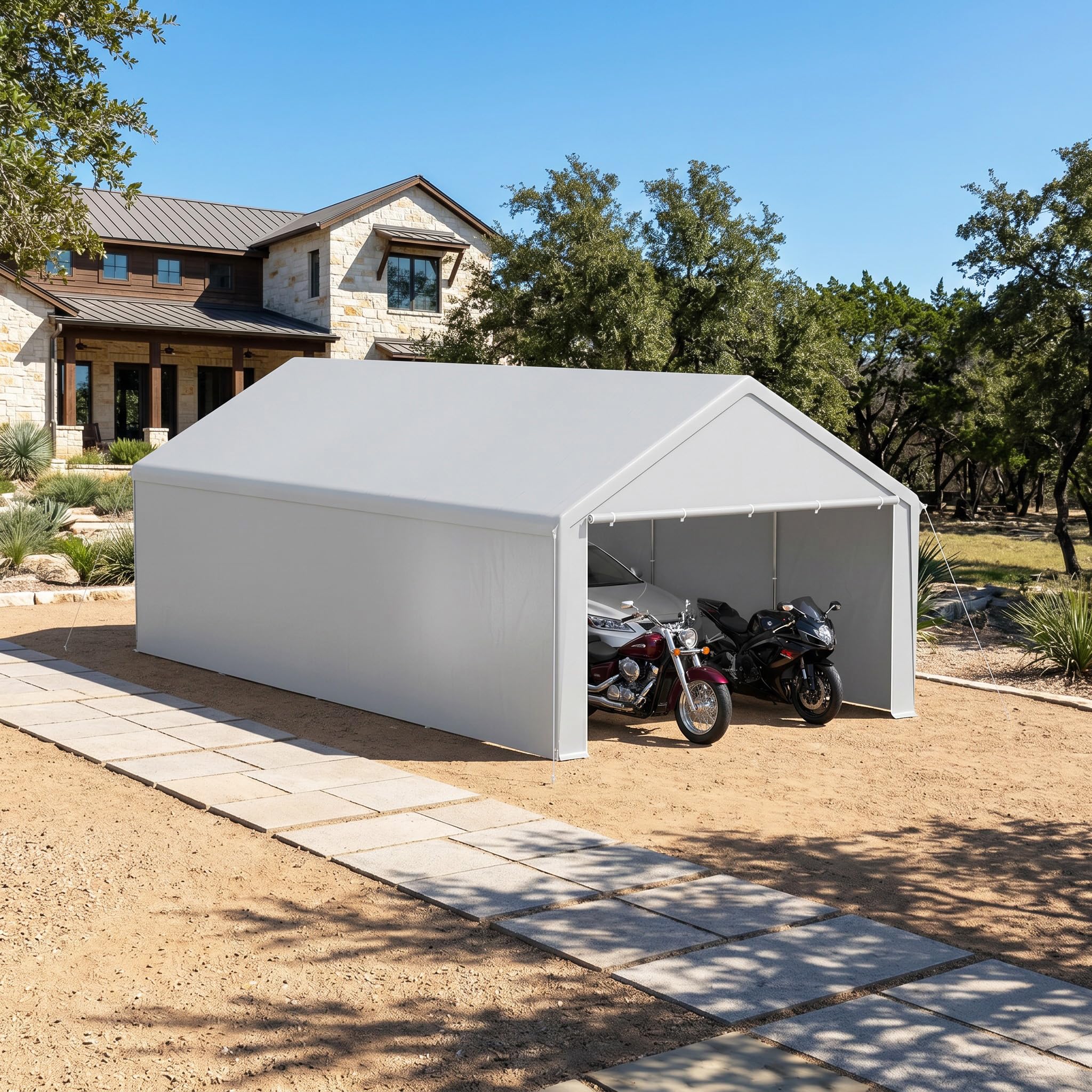 VA-Cerulean Carport Zeltgarage, Lagerzelt mit wetterfester PE Plane, Garagenzelt mit verzinktem Stahlrahmen, mit Erdankern und Abspannseilen, Unterstand für Auto, Geräte und Gartenbedarf