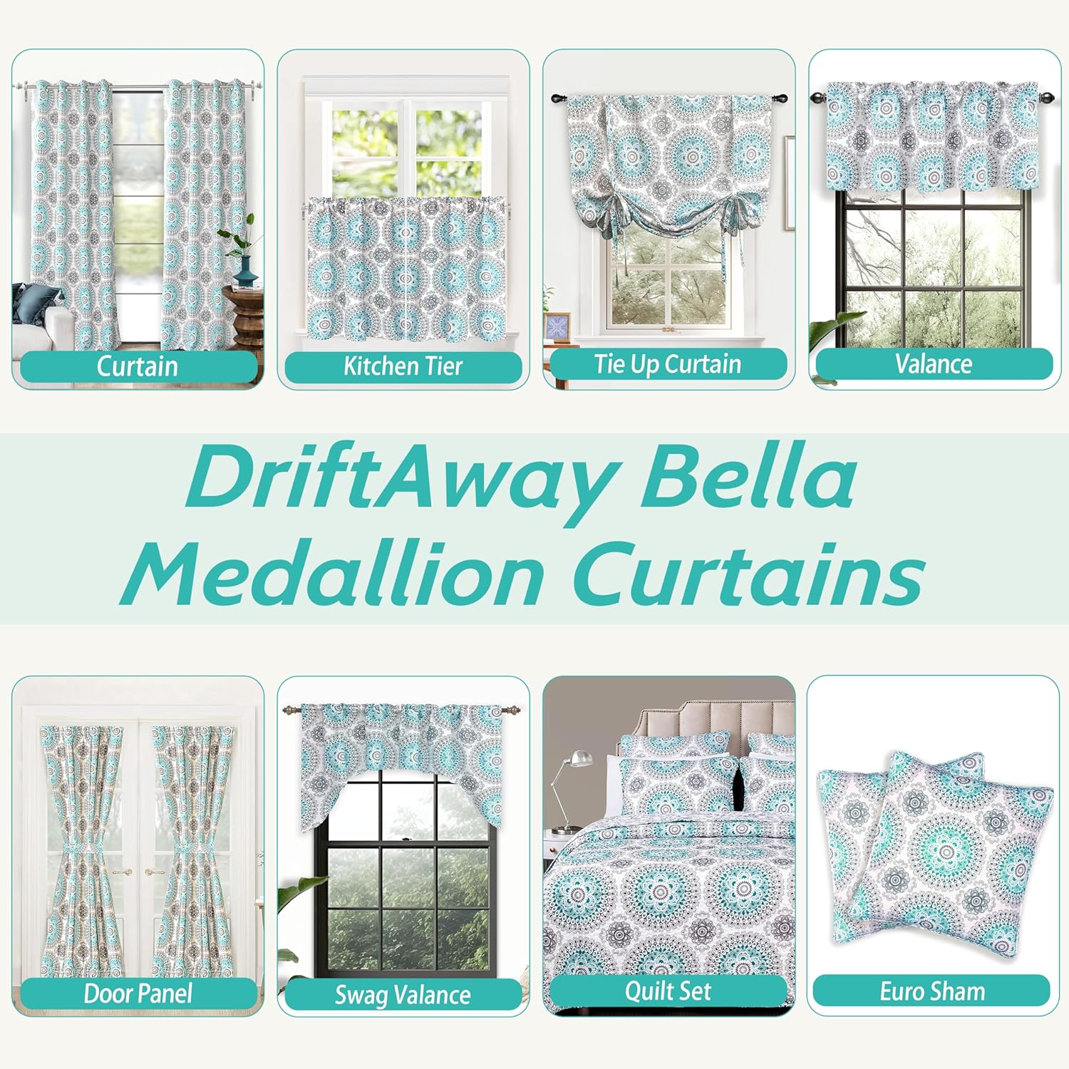Gray and Aqua Medallion Room-Darkening Polyester Window Panels