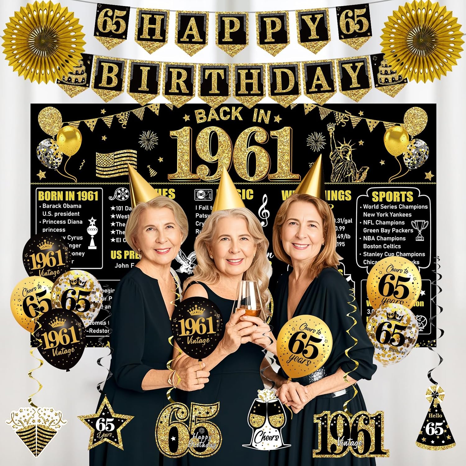 65th Birthday Decorations Kit for Men Women, Black Gold 24PCS Back in 1961 Banner Decorations , Vintage 1961 Banner Wooden Table Sign Poster Hanging Swirl Balloons Paper Fans Cheers to 65 years