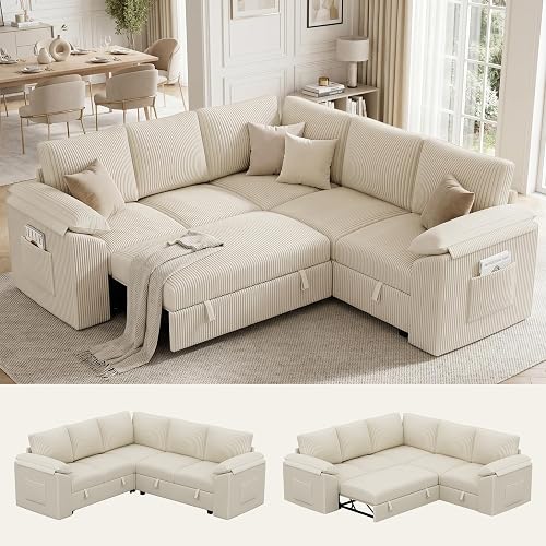 Sectional Sleeper Sofa with Pull Out Bed, Sectional Couches for Living Room, Modular Sectional Sofa with Storage, Corduroy L Shaped Pullout Cloud Couch, Removable Sofa Cover (Beige)