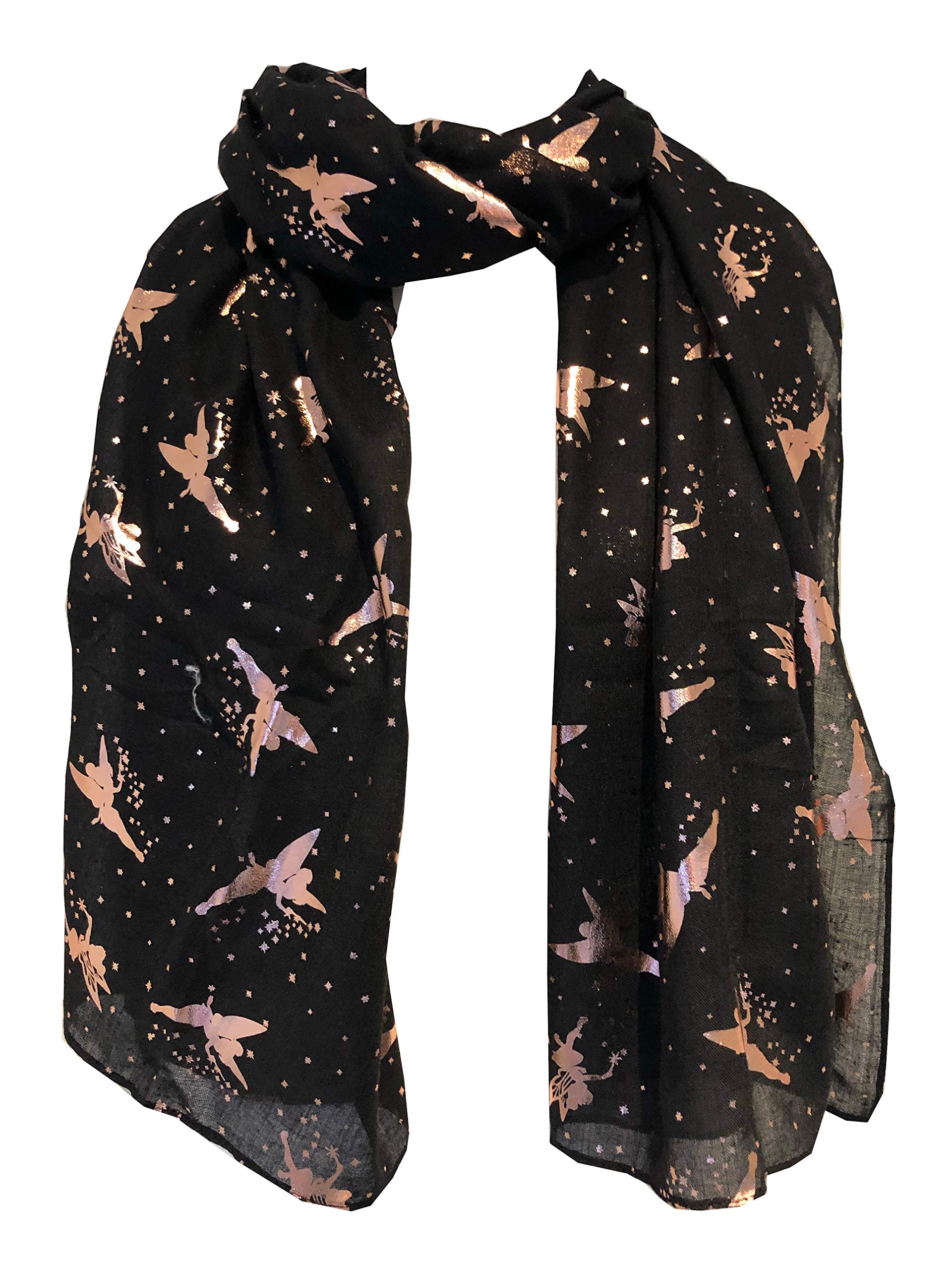 Pamper Yourself Now Black with Gold Fairy Design Long Scarf/wrap