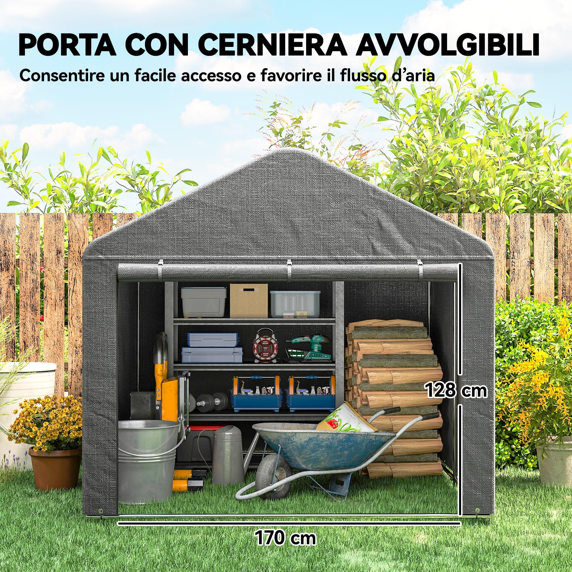 Outsunny 2x2.4 m Garage Moto per Esterno, Tenda Garage con Copertura Impermeabile, Porta Avvolgibile a Cerniera, per Biciclette e Attrezzi in Acciaio Zincato, da Giardino, Grigio Chiaro