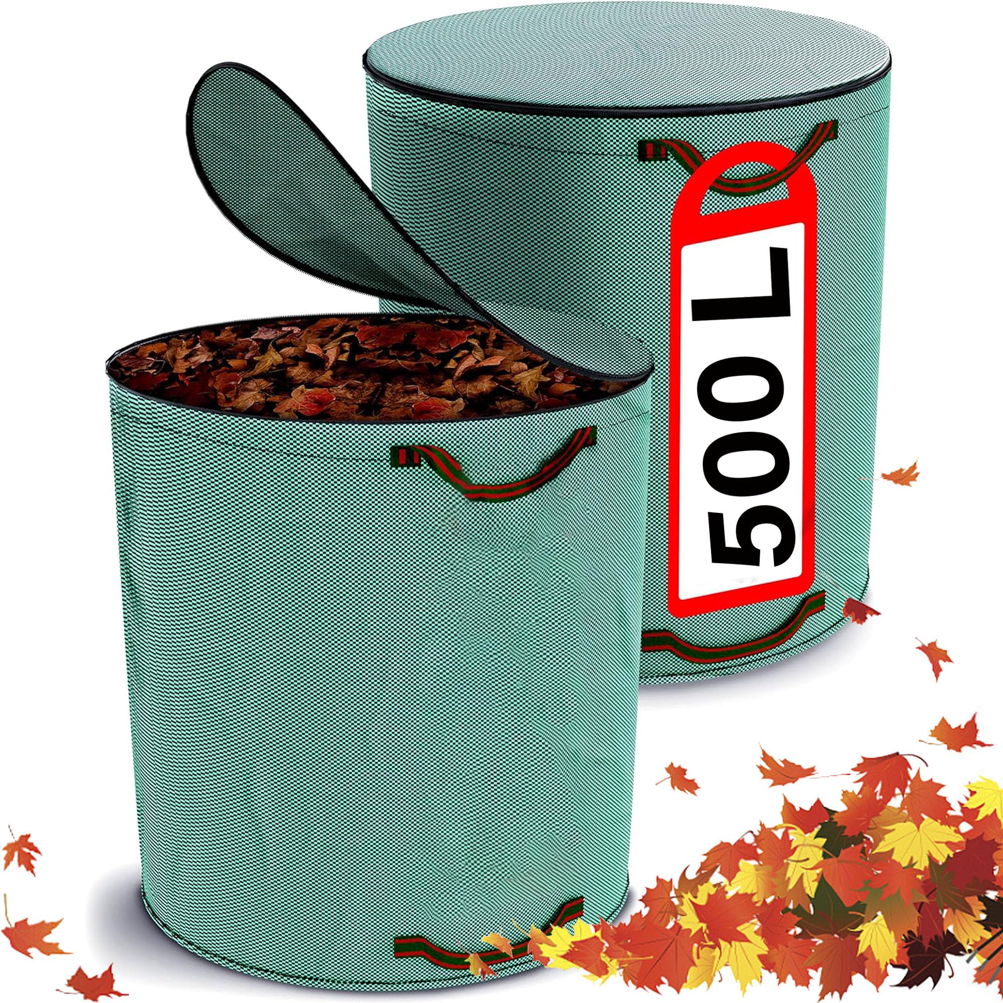 2PCS Sacos de Jardín con Tapa con Cremallera, Bolsas de Basura de jardín con 4 Asas Resistentes, Reutilizable, Plegable, Estable, Robusto Polipropileno para Hojas, Basura, Escombros(500L)