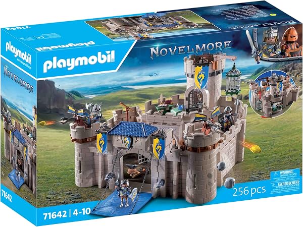Vue d'ensemble de la Citadelle des Chevaliers Playmobil 71642, mettant en avant ses multiples niveaux et points d'attaque.