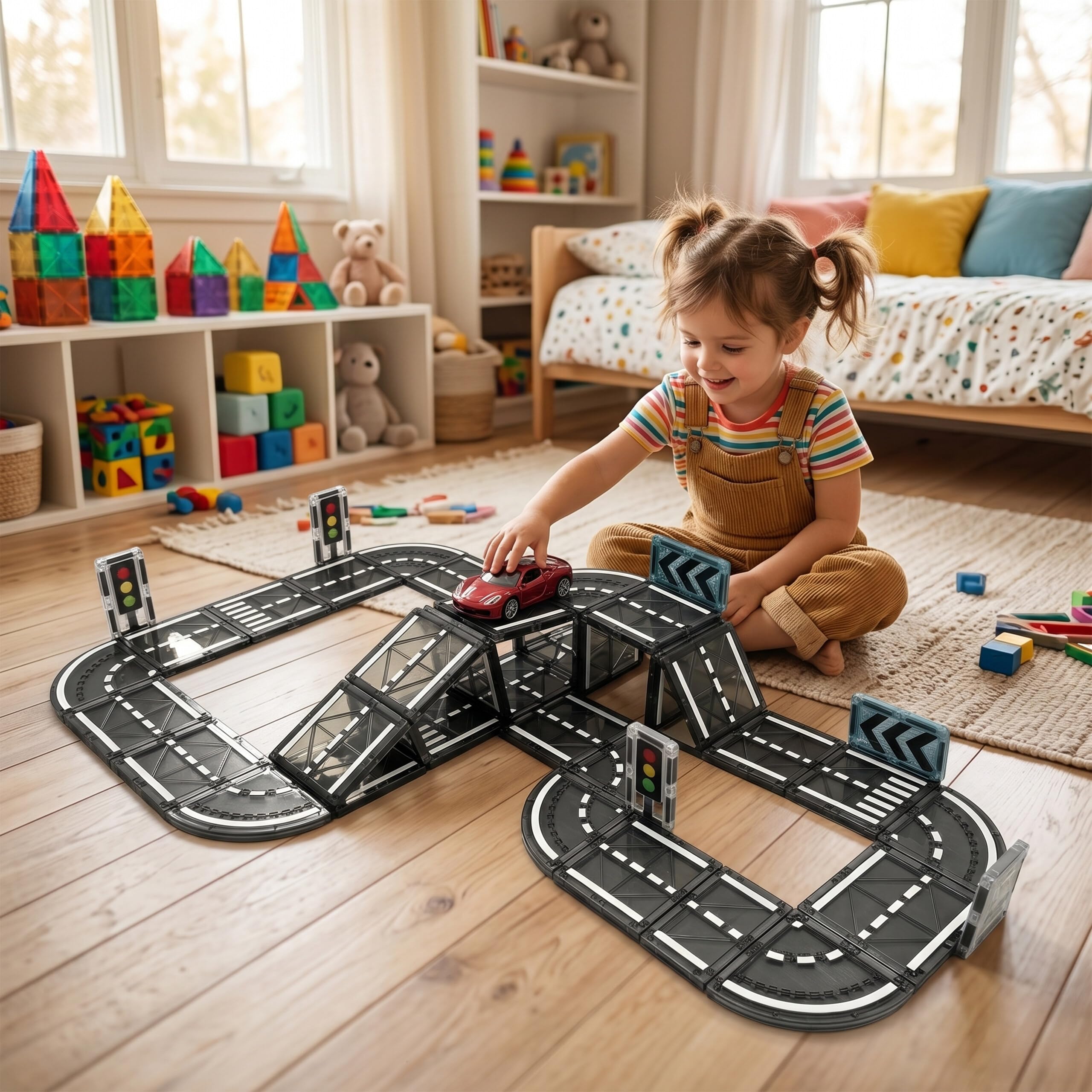 Relaxdays Set de Carreteras magnéticas, 70 Piezas, señales de tráfico, Juguete Educativo Desde 3 años, ABS, Negro