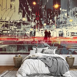wall26 - Illustration - Night Scene of Modern City Street,Illustration Painting - Removable Wall Mural | Self-Adhesive Large Wallpaper - 66x96 inches